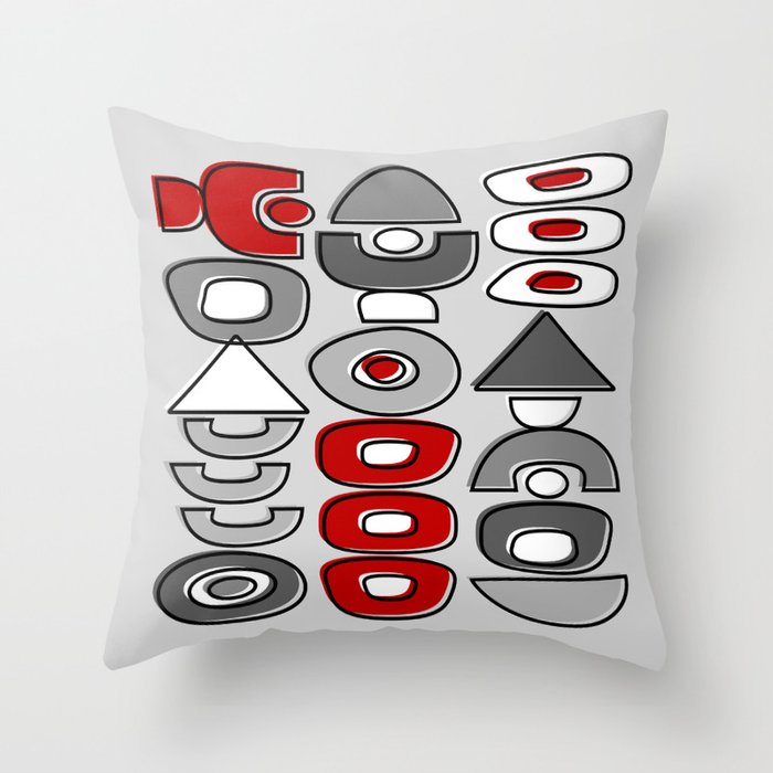 Mid Century Modern Retro Geometric Shapes // Red, Gray, Black and White Throw Pillow