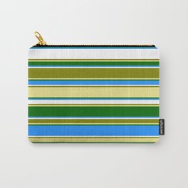 [ Thumbnail: Eyecatching Green, Tan, Dark Green, Blue, and White Colored Lines Pattern Carry-All Pouch ]
