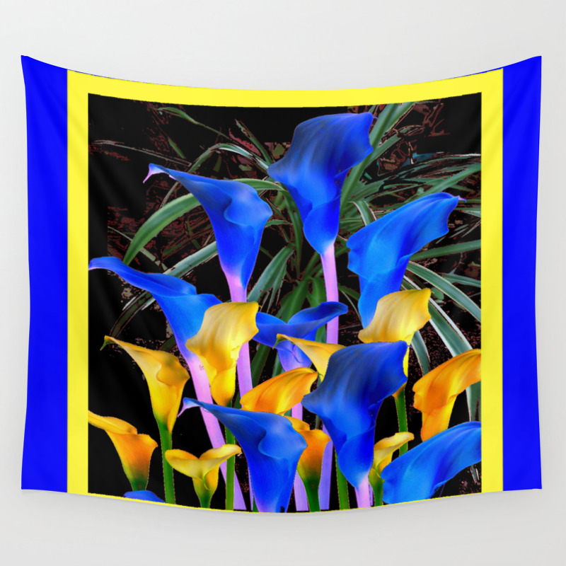 Blue Black Modern Abstract Blue Gold Calla Lilies Wall Tapestry