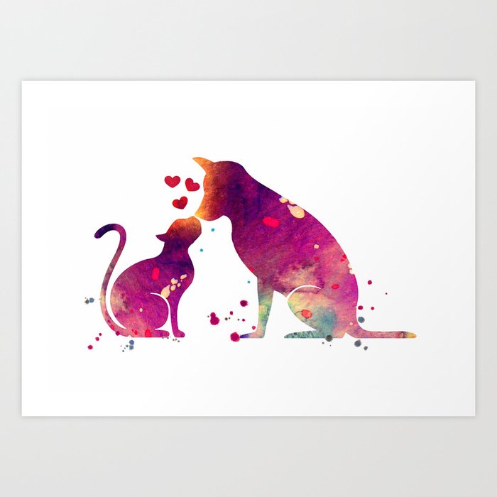 Cat and Dog Art Love Gift Animals Art Colorful Purple Watercolor Art Gift Pets Art Art Print