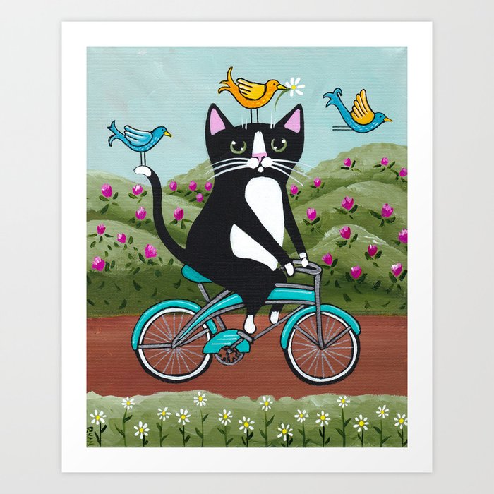 Tuxedo Cat Spring Bicycle Ride Art Print