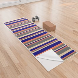 [ Thumbnail: Coral, Dim Gray, Tan & Blue Colored Pattern of Stripes Yoga Towel ]