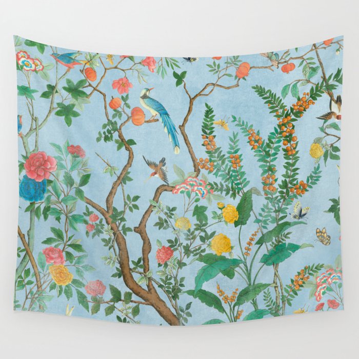 Chinoiserie Pastel Blue Floral Bird Garden Wall Tapestry