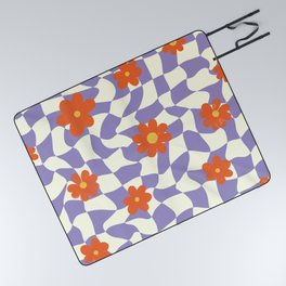 Retro Orange Petal Flowers on Periwinkle Checker Picnic Blanket