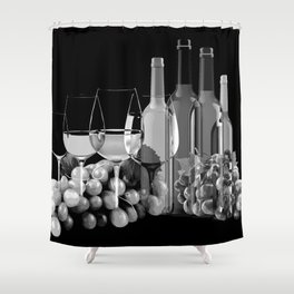 Black and White Graphic Art Composition Of Grapes, Wine Glasses, and Bottles Shower Curtain