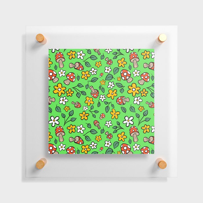 Retro Mushroom Pattern on Green Background Floating Acrylic Print