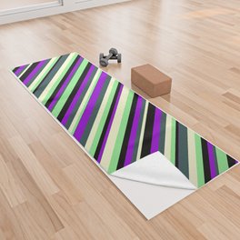 [ Thumbnail: Light Green, Light Yellow, Dark Slate Gray, Dark Violet, and Black Colored Lines/Stripes Pattern Yoga Towel ]