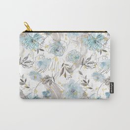 Abstract teal gray sky blue gold floral painting Carry-All Pouch