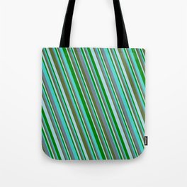 [ Thumbnail: Turquoise, Slate Gray, Dark Olive Green, Light Blue, and Green Colored Striped/Lined Pattern Tote Bag ]