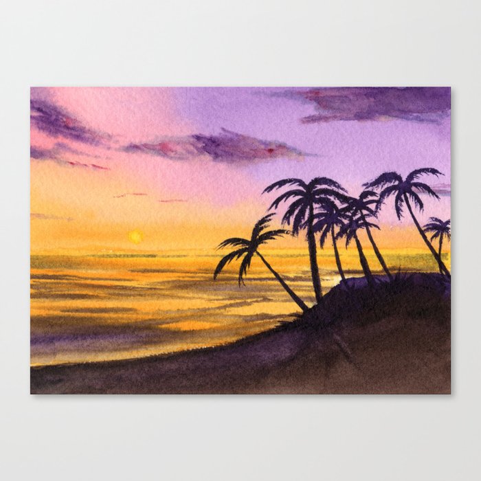 Palm Trees in Sunset (Watercolor) Canvas Print by Yrya-chan
