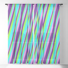 [ Thumbnail: Chartreuse, Aqua, Violet, and Indigo Colored Striped/Lined Pattern Sheer Curtain ]