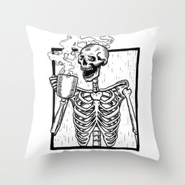 Skeleton Drinking a Cup of Coffee Throw Pillow