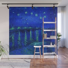 Starry Night Over the Rhone landscape painting by Vincent van Gogh in alternate Egyptian blue with emerald green stars Wall Mural