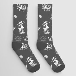 Dark Grey And White Silhouettes Of Vintage Nautical Pattern Socks
