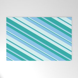 [ Thumbnail: Light Cyan, Light Sea Green & Light Sky Blue Colored Lines/Stripes Pattern Welcome Mat ]
