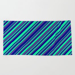[ Thumbnail: Green, Dark Slate Blue & Dark Blue Colored Lined/Striped Pattern Beach Towel ]