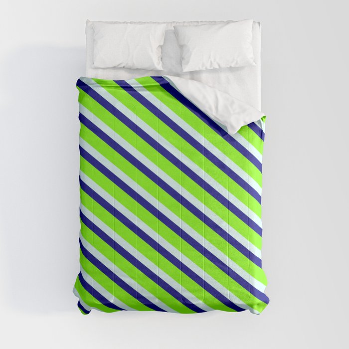 Chartreuse, Light Cyan, and Blue Colored Stripes Pattern Comforter