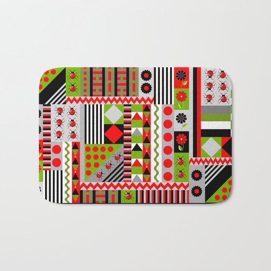 Geometric spring design with ladybugs and flowers Bath Mat