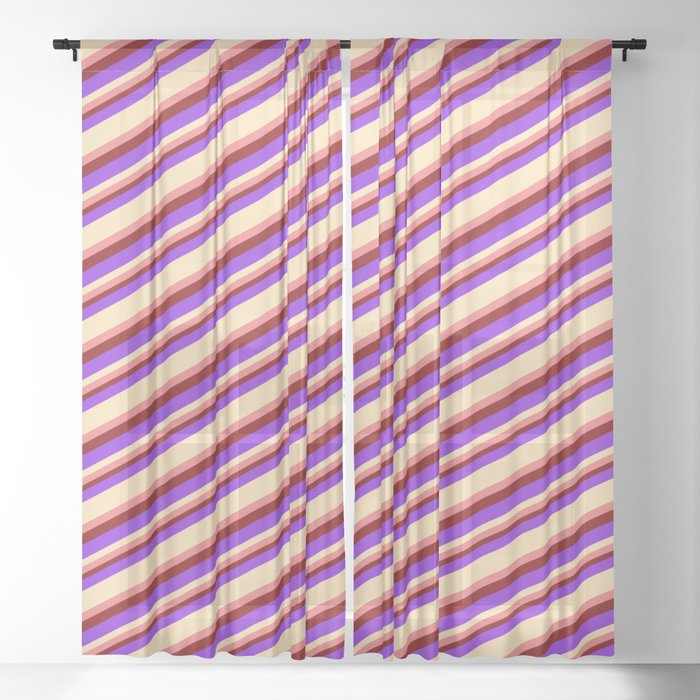 Purple, Beige, Light Coral & Maroon Colored Lined/Striped Pattern Sheer Curtain