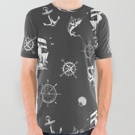 Dark Grey And White Silhouettes Of Vintage Nautical Pattern All Over Graphic Tee