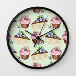Watercolor texture with blueberries cupcakes and a piece of vanilla cake Wall Clock