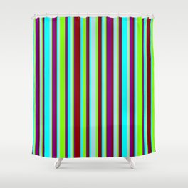 [ Thumbnail: Cyan, Powder Blue, Chartreuse, Purple & Dark Red Colored Lines/Stripes Pattern Shower Curtain ]