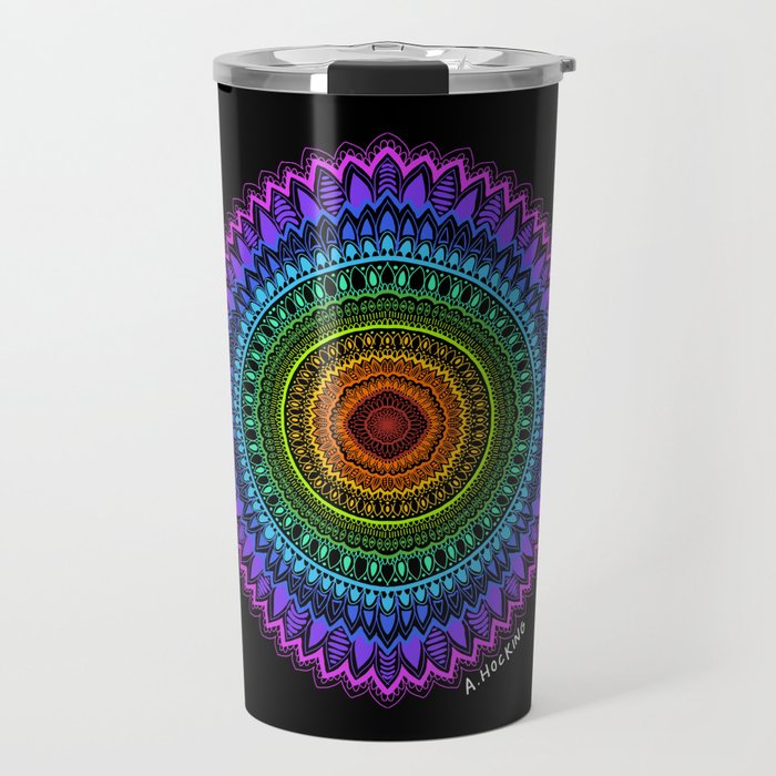 Rainbow Mandala - on black Travel Mug