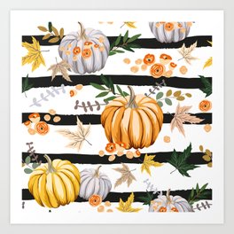 Autumn orange pumpkins, flowers, leaves, striped background. Vintage seamless pattern. Fall season illustration. October harvest. Organic vegetable garden food. Nature design. Thanksgiving day Art Print