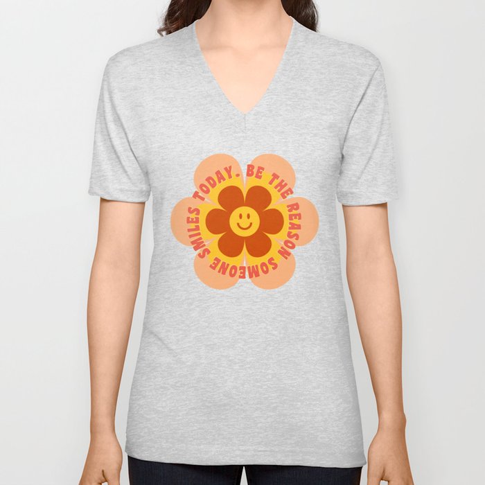 Be the reason someone smiles today - 60s 70s retro cherry blossom smiley typography  V Neck T Shirt