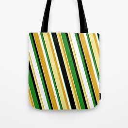 [ Thumbnail: Colorful Goldenrod, Tan, Black, Forest Green & White Colored Stripes Pattern Tote Bag ]