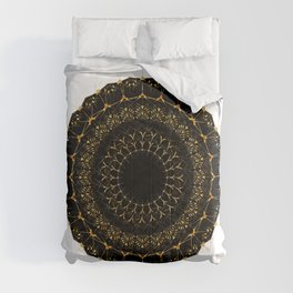 Golden radial mandala ornament on black Comforter