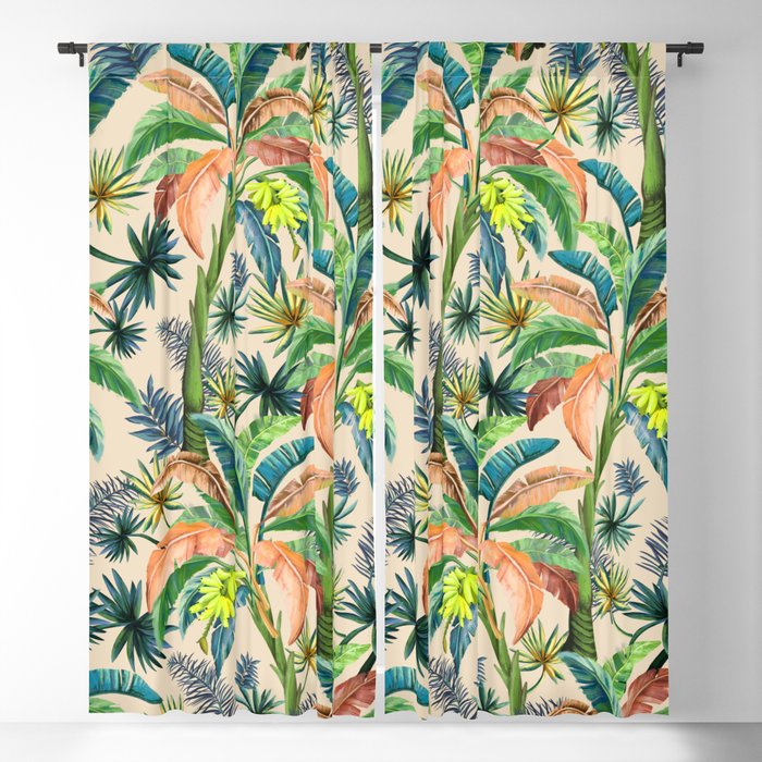 Palm Life, tropical palm leaves, Hollywood Regency, green, orange Blackout Curtain