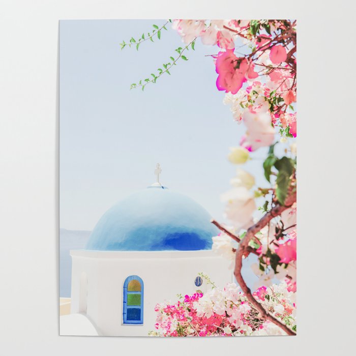 Santorini Greece Mamma Mia Pink Flowers Poster