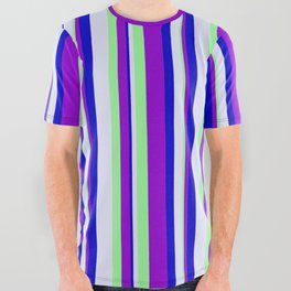 [ Thumbnail: Lavender, Green, Dark Violet, and Blue Colored Lined/Striped Pattern All Over Graphic Tee ]