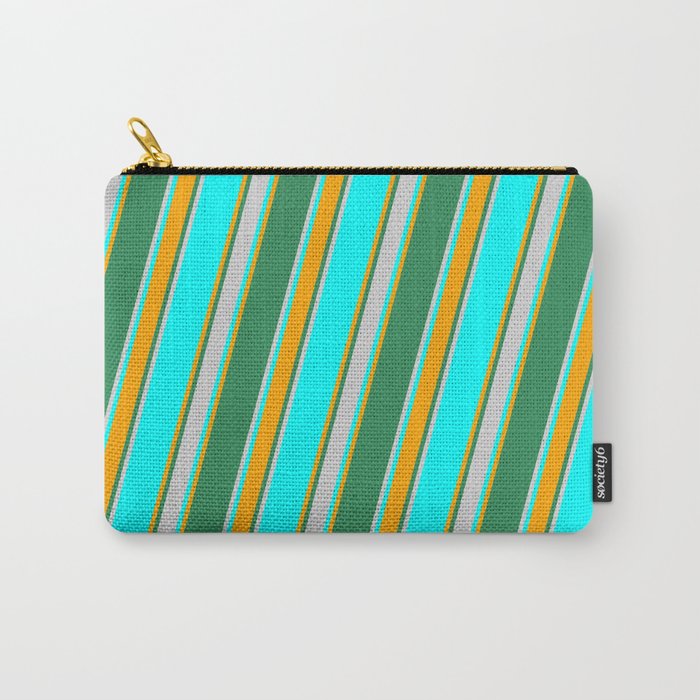 Cyan, Orange, Sea Green, and Light Grey Colored Lined Pattern Carry-All Pouch