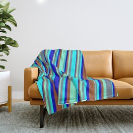 [ Thumbnail: Colorful Aquamarine, Slate Gray, Cyan, Blue & Sienna Colored Striped/Lined Pattern Throw Blanket ]