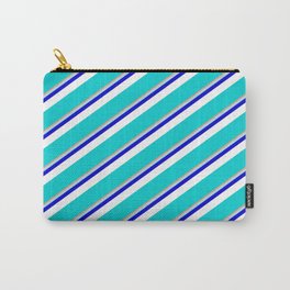 [ Thumbnail: Vibrant Dark Salmon, Powder Blue, Blue, White & Dark Turquoise Colored Lined Pattern Carry-All Pouch ]