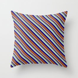 [ Thumbnail: Aquamarine, Light Gray, Blue, and Sienna Colored Striped/Lined Pattern Throw Pillow ]