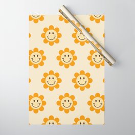 70s Retro Smiley Floral Face Pattern in yellow and beige Wrapping Paper