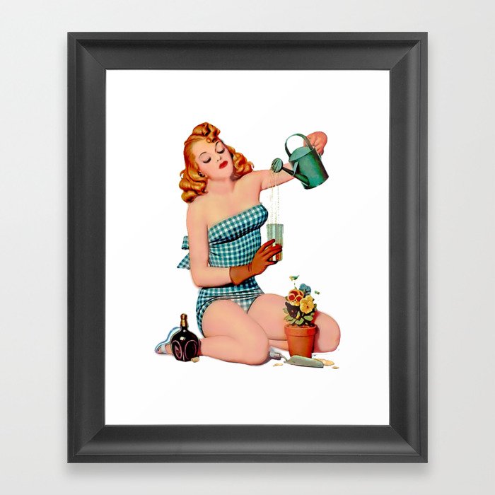 Red Sexy Pinup With Watering Can For Garden Framed Art Print