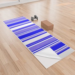 [ Thumbnail: Medium Slate Blue, White, and Blue Colored Lined/Striped Pattern Yoga Towel ]