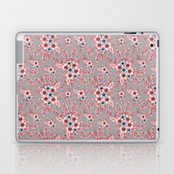 Monochrome anemone flowers and butterflies on a gray background - floral print Laptop & iPad Skin