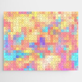 graphic design geometric pixel square pattern abstract in pink yellow blue Jigsaw Puzzle