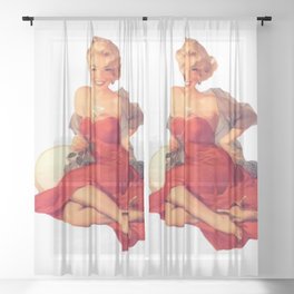 Sexy Blonde Pin Up With White Rose and Red Dress Vintage  Sheer Curtain