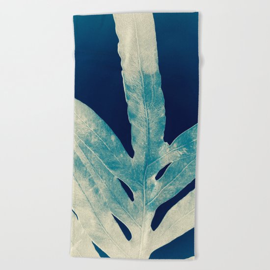 Green Fern at Midnight Bright, Navy Blue Beach Towel