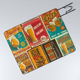 Set of beer poster in vintage style with grunge textures and beer objects Picnic Blanket