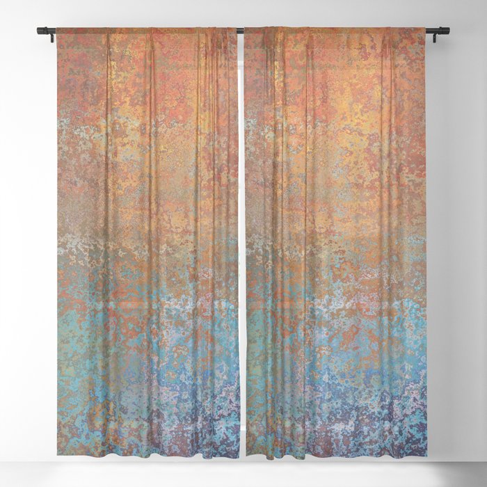 Vintage Rust, Terracotta and Blue Sheer Curtain by Megan Morris