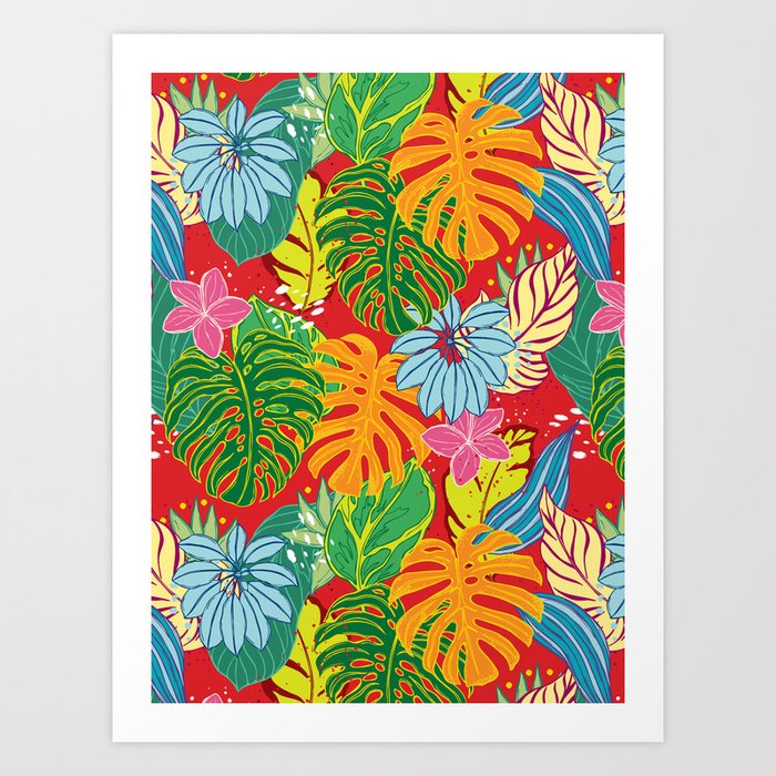 Bright monstera pattern, botanical jungle leaves on red Art Print