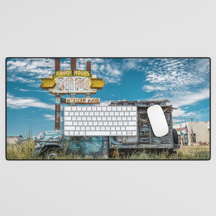 Ranch House Cafe sign and Apache Camper Truck Route 66 Tucumcari New Mexico Desk Mat