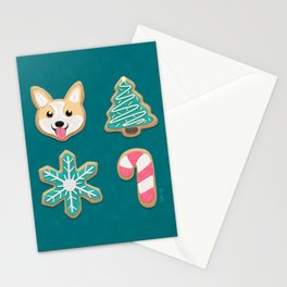 Holiday Cookies - Corgi, Christmas Tree, Snowflake and Candy Cane, Sweet and Cute Festive Pattern in Teal Green, Pink and Beige Stationery Card